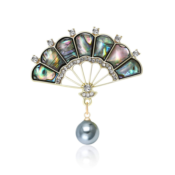 Alloy Rhinestone Shell Fan Brooch Elegant Lapel Pin For Women