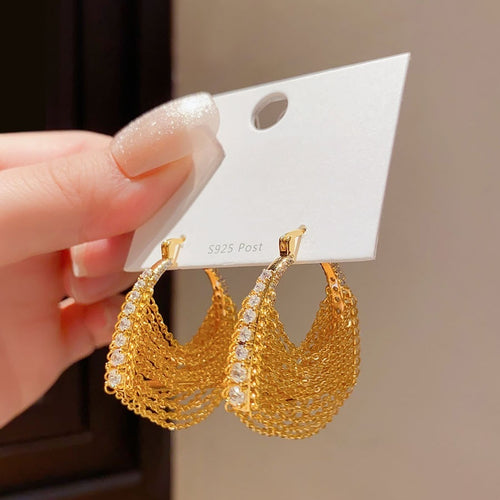 18K Gold Plated Copper Zircon Chain Hollow Round Triangle Ear Cuff Earrings