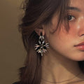 Vintage Zinc Alloy Stud Earrings With Rhinestone Geometric Teardrop Flower Leaf Design view 4