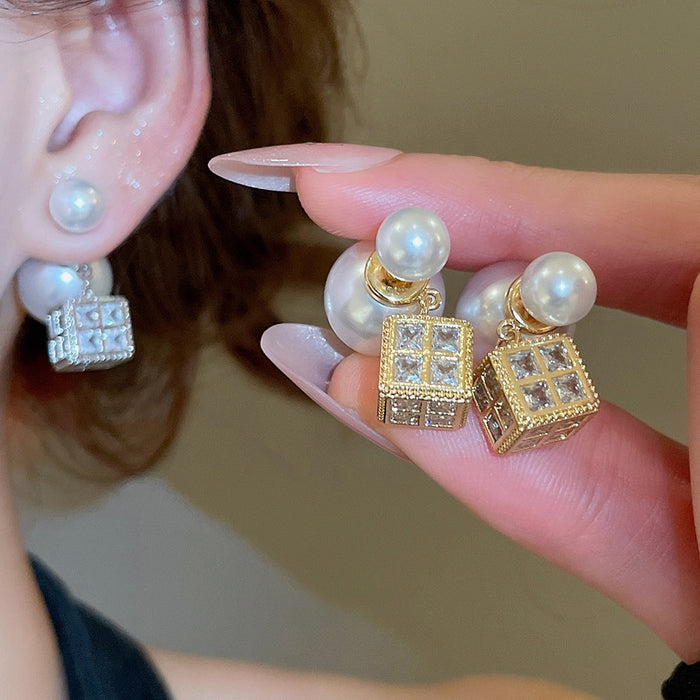 Light Luxury Palace Style Faux Pearl Zircon Geometric Square Pendant Drop Earrings