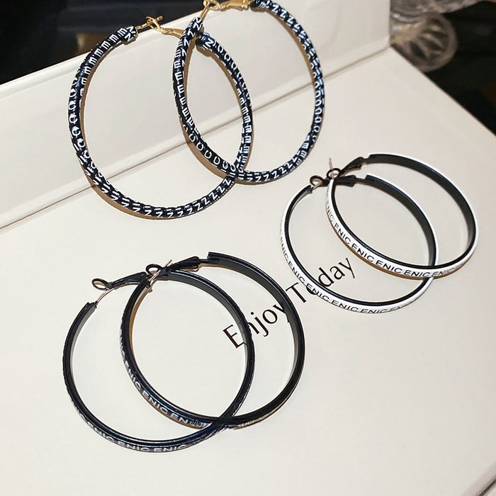 Leather Letter Geometric Round Pendant Hoop Earrings With Sterling Silver Posts For Women