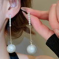 Light Luxury French Imitation Pearl Rhinestone Tassel Drop Earrings With Silver Pins view 1