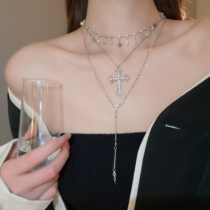 Light Luxury Alloy Layered Cross And Star Pendant Necklace For Women Geometric Clavicle Chain