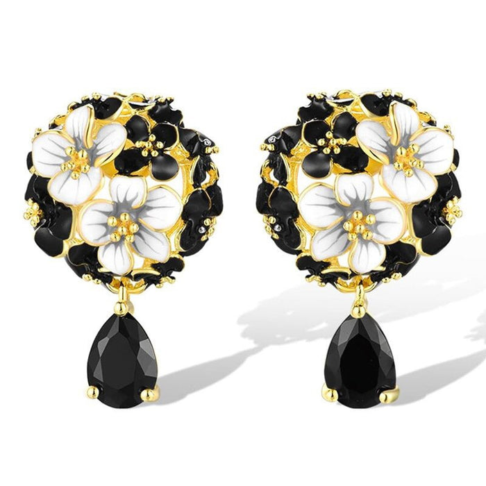 Metal Enamel Hydrangea Drop Earrings For Women, Teardrop Crystal Pendant Forest Vacation Jewelry