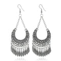 Antique Silver Ornate Crescent Fringe Long Hook Earrings view 1
