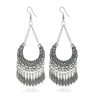 Antique Silver Ornate Crescent Fringe Long Hook Earrings