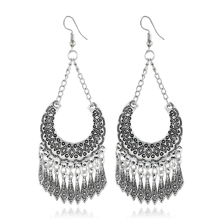 Antique Silver Ornate Crescent Fringe Long Hook Earrings