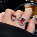 Light Luxury Oval Faux Ruby Open Ring With Full Crystal Pave Palace Style For Women view 3