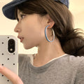 Minimalist Denim Fabric Geometric Round Iron Hoop Earrings With Silver Tone Posts For Women view 3