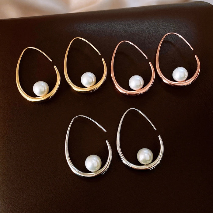 French Elegant Faux Pearl Geometric Line Teardrop Hook Earrings Minimalist Designer Style