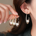 French Elegant Faux Pearl Geometric Line Teardrop Hook Earrings Minimalist Designer Style view 2