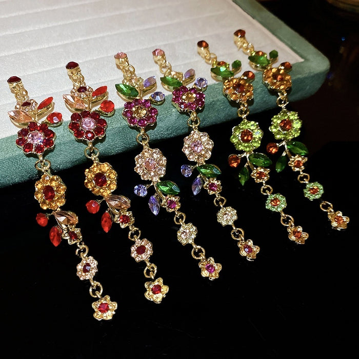 Sparkling Rhinestone Flower Leaf Tassel Drop Earrings, Light Luxury Zinc Alloy Ear Jewelry