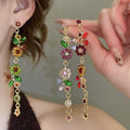Sparkling Rhinestone Flower Leaf Tassel Drop Earrings, Light Luxury Zinc Alloy Ear Jewelry view 2