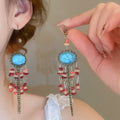 Ethnic Style Oval Irregular Stone Tassel Pendant Drop Earrings With Ear Hooks view 1