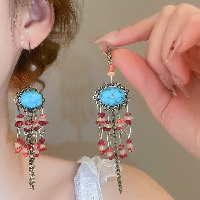 Ethnic Style Oval Irregular Stone Tassel Pendant Drop Earrings With Ear Hooks