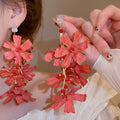 Vacation Style Fabric Flower Crystal Tassel Drop Earrings With Silver Needles view 4