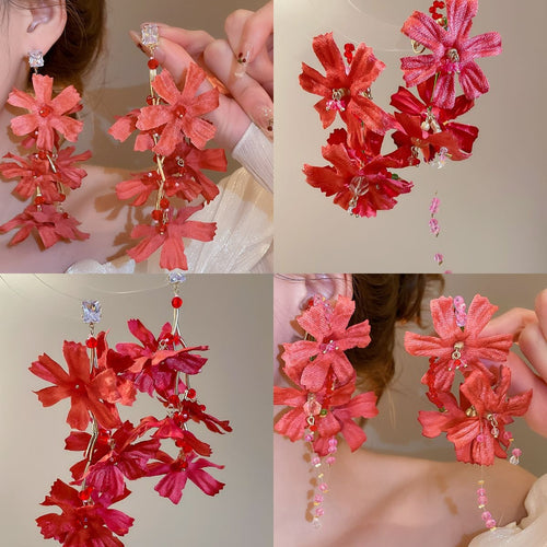 Vacation Style Fabric Flower Crystal Tassel Drop Earrings With Silver Needles