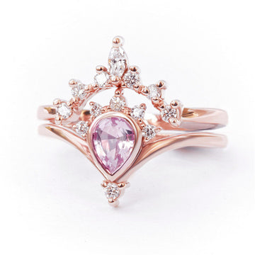 Rose Gold Tone Pink Crown Ring Set In A Polished Decorative Design