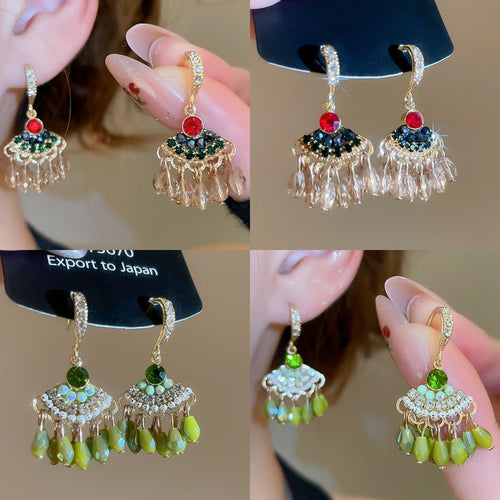 Rhinestone Fan Shaped Artificial Crystal Tassel Drop Earrings Vintage Ethnic Geometric Style