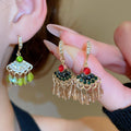 Rhinestone Fan Shaped Artificial Crystal Tassel Drop Earrings Vintage Ethnic Geometric Style view 3