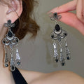 Alloy Rhinestone Flower Leaf Teardrop Tassel Drop Earrings Vintage Palace Style Silver Needle Studs view 2