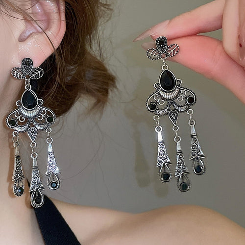 Alloy Rhinestone Flower Leaf Teardrop Tassel Drop Earrings Vintage Palace Style Silver Needle Studs