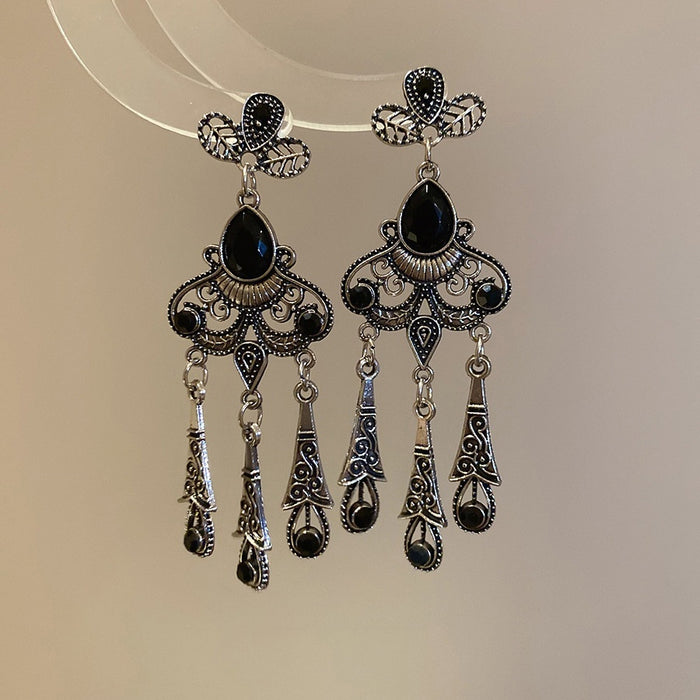 Alloy Rhinestone Flower Leaf Teardrop Tassel Drop Earrings Vintage Palace Style Silver Needle Studs