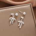 French Luxury Pearl Stud Bowknot Drop Alloy Rhinestone Lace Hollow Dangle Fashion Earrings view 4