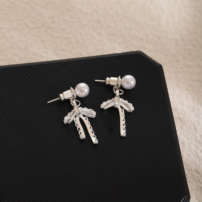French Luxury Pearl Stud Bowknot Drop Alloy Rhinestone Lace Hollow Dangle Fashion Earrings