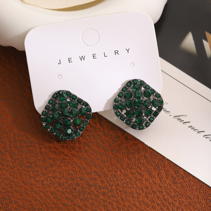 Luxury Geometric Square Green Rhinestone Alloy Studs For Women Exaggerated Full Crystal Earrings