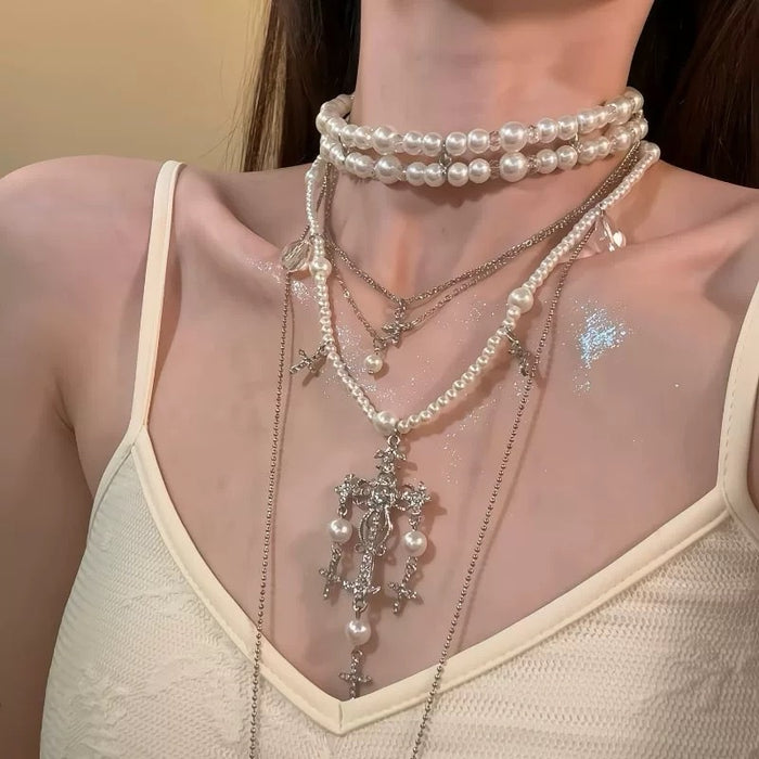 Vintage Rhinestone Crystal Pearl Beaded Multi Layer Sweater Necklace For Women