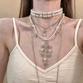Vintage Rhinestone Crystal Pearl Beaded Multi Layer Sweater Necklace For Women view 2
