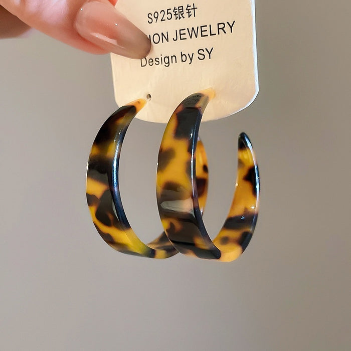 Vintage Leopard Print Acetate Round C-Shape Drop Earrings With Silver Pins For Women