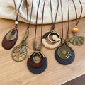 Vintage Ethnic Zinc Alloy Sweater Necklace With Teardrop Leaf Round Geometric Pendant view 1