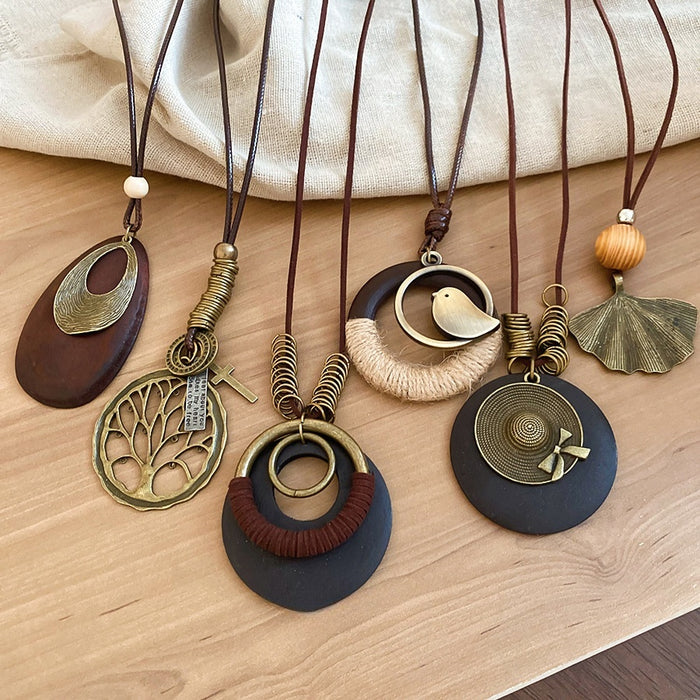 Vintage Ethnic Zinc Alloy Sweater Necklace With Teardrop Leaf Round Geometric Pendant