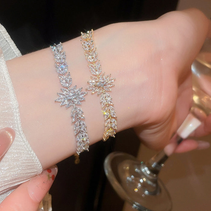 Elegant Adjustable Copper Cubic Zirconia Wheat Flower Bracelet For Women Luxury Floral Jewelry
