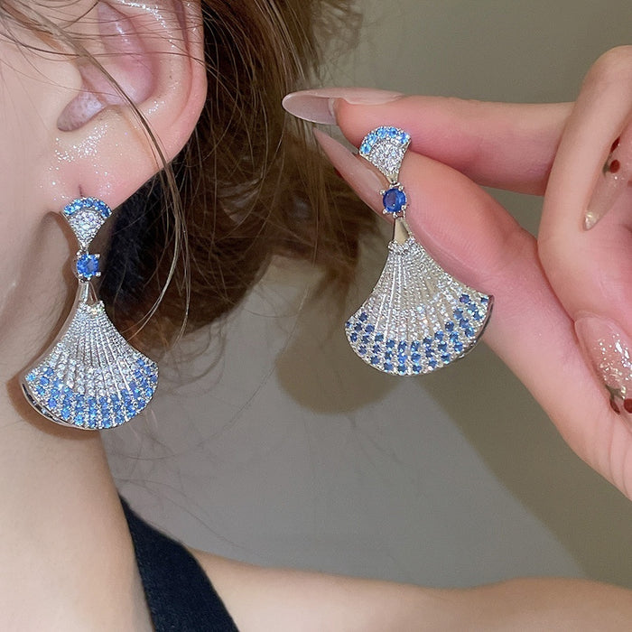 Copper Fan Pendant Earrings With Silver Needle Sparkling Zircon Vintage Court Light Luxury Studs