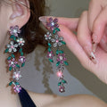 Alloy Rhinestone Flower Leaf Tassel Drop Earrings Vintage Palace Style Silver Needle Jewelry view 1