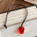 Pastoral Style Leather Resin Strawberry Pendant Sweater Necklace For Women view 2