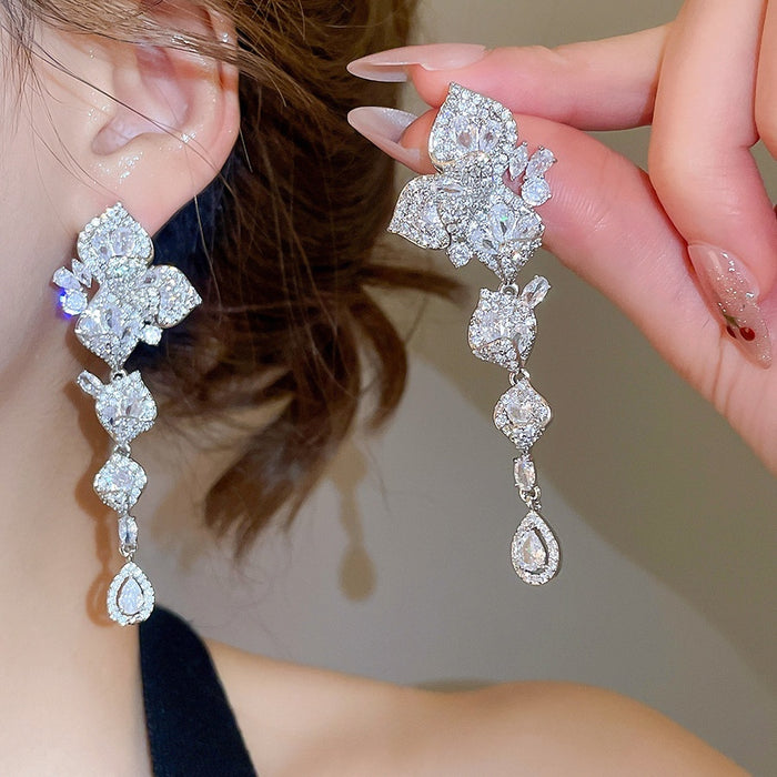 Luxury Copper Zircon Flower Petal Leaf Teardrop Tassel Stud Earrings For Women