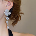 Luxury Copper Zircon Flower Petal Leaf Teardrop Tassel Stud Earrings For Women view 3