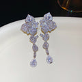 Luxury Copper Zircon Flower Petal Leaf Teardrop Tassel Stud Earrings For Women view 4
