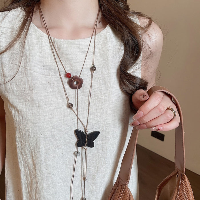 Vintage Ethnic Wood Flower Lotus Butterfly Crystal Pendant Sweater Necklace For Women