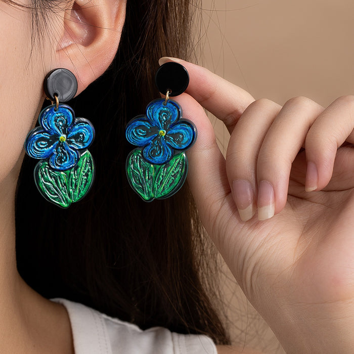 Elegant Blue Enamel Painted Flower Drop Clip Studs Summer Forest Style Acrylic Alloy Statement Earrings