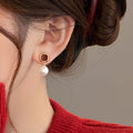 Vintage Red Geometric Faux Pearl Stud Earrings With Silver Pins For Women view 3