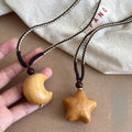 Bohemian Cotton Cord Wood Star Moon Pendant Sweater Necklace for Women Resort Style view 2