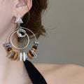 Vintage Ethnic Wood Tassel Drop Earrings With Geometric Triangle And Round Pendants view 3