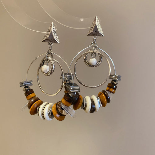 Vintage Ethnic Wood Tassel Drop Earrings With Geometric Triangle And Round Pendants