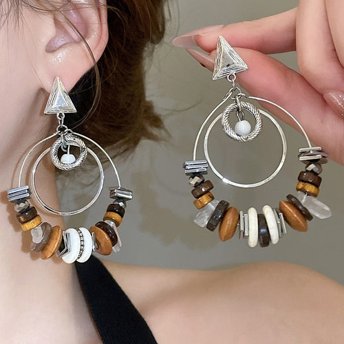 Vintage Ethnic Wood Tassel Drop Earrings With Geometric Triangle And Round Pendants