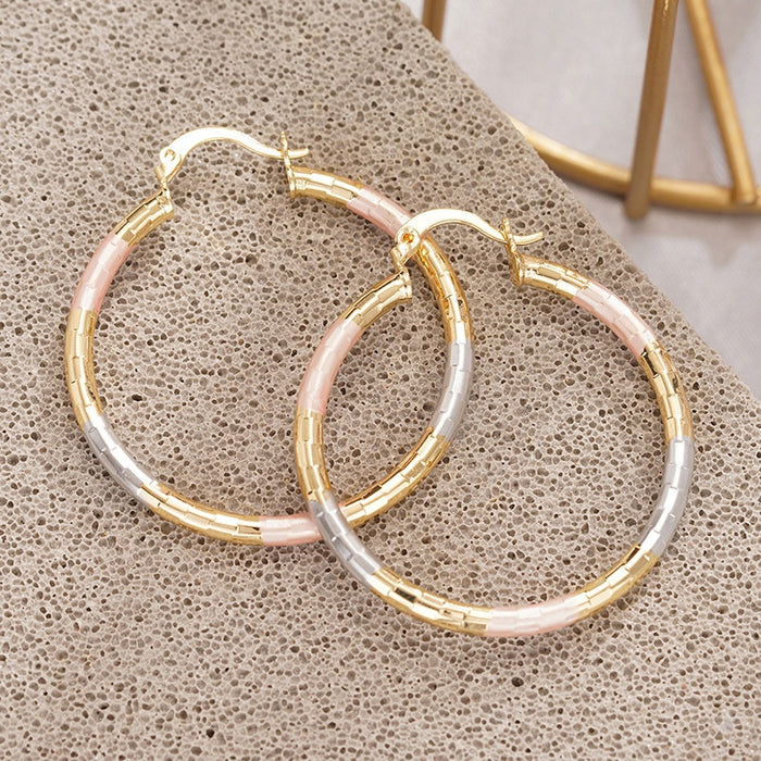 Trendy Three Color Painted Oil Thin Hoop Earrings For Women, Checkerboard Texture Niche Design